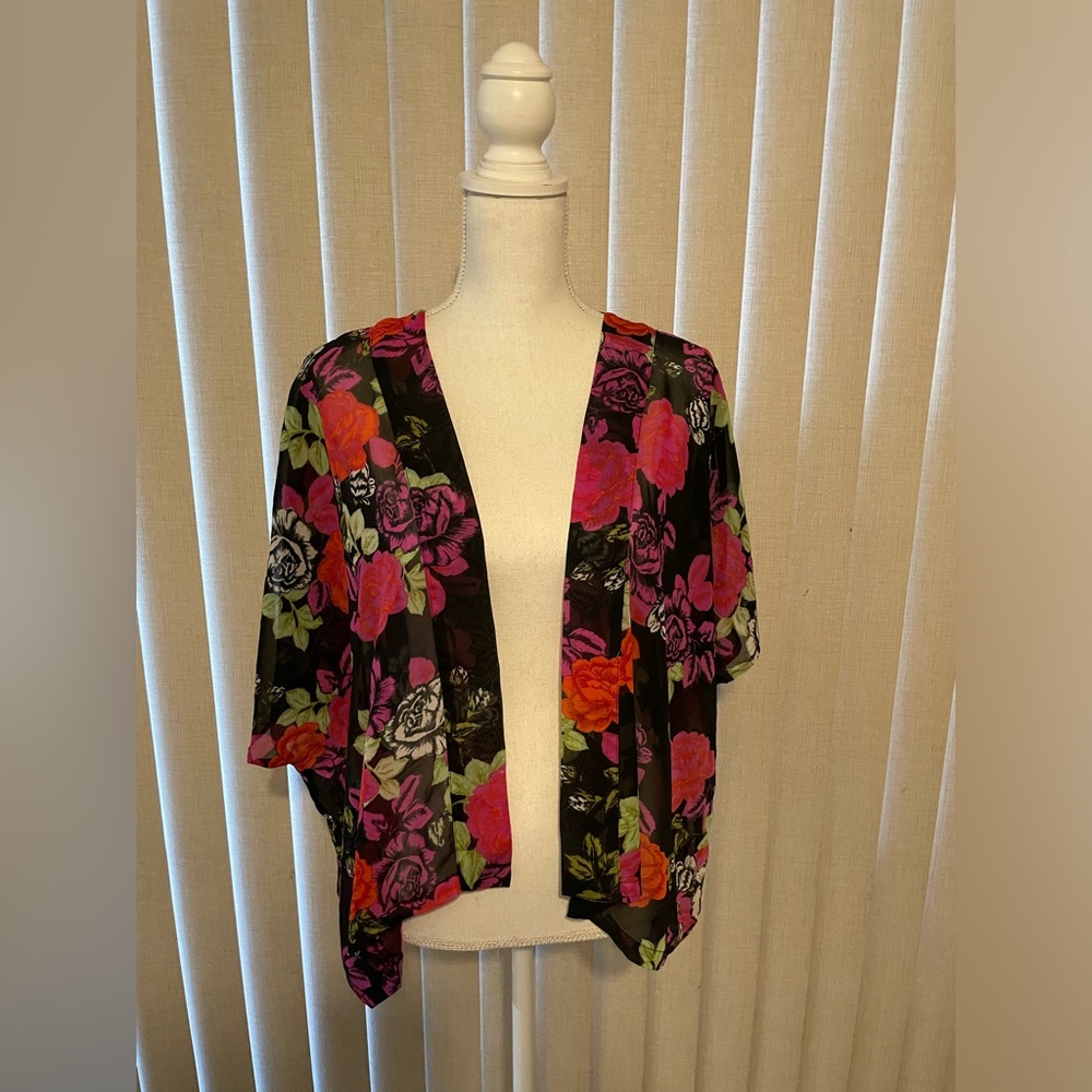 Black Coverup with Red and Pink Florals Size S